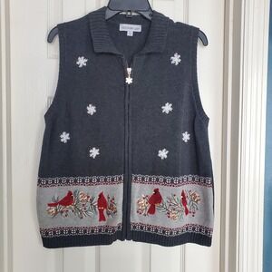 Southern Lady Womens Large Charcoal Grey Cardinal Snowflake Zip Up Sweater Vest